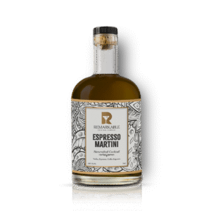 A bottle of Expresso Martini with a white label. Handcrafted Cocktails made with passion and expertise.