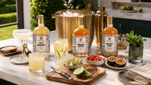 Home cocktail station with bottled cocktails, glasses, ice and simple garnishes for guests