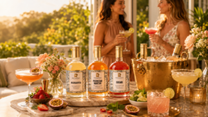 Premium ready-to-pour cocktails arranged on a home bar for a cocktail night in Ireland